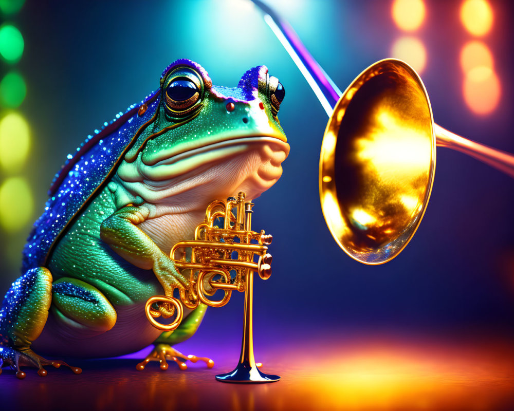 Vibrant tree frog with trumpet on colorful backdrop