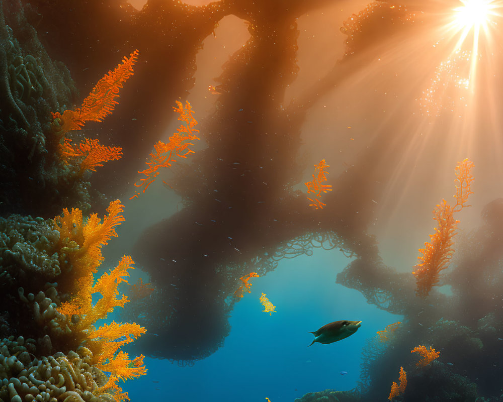 Sunlit Underwater Scene with Orange Coral and Solitary Fish