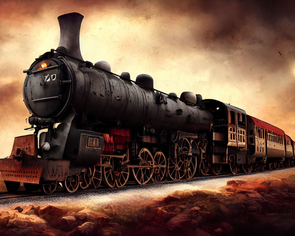 Vintage steam locomotive pulling red passenger cars under dramatic cloudy sky
