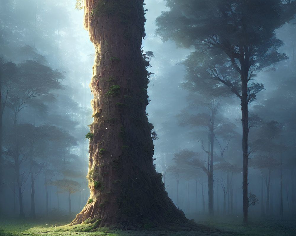 Majestic towering tree in tranquil forest with sunlight filtering through branches