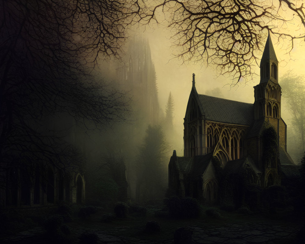 Gothic cathedral in misty twilight among bare trees