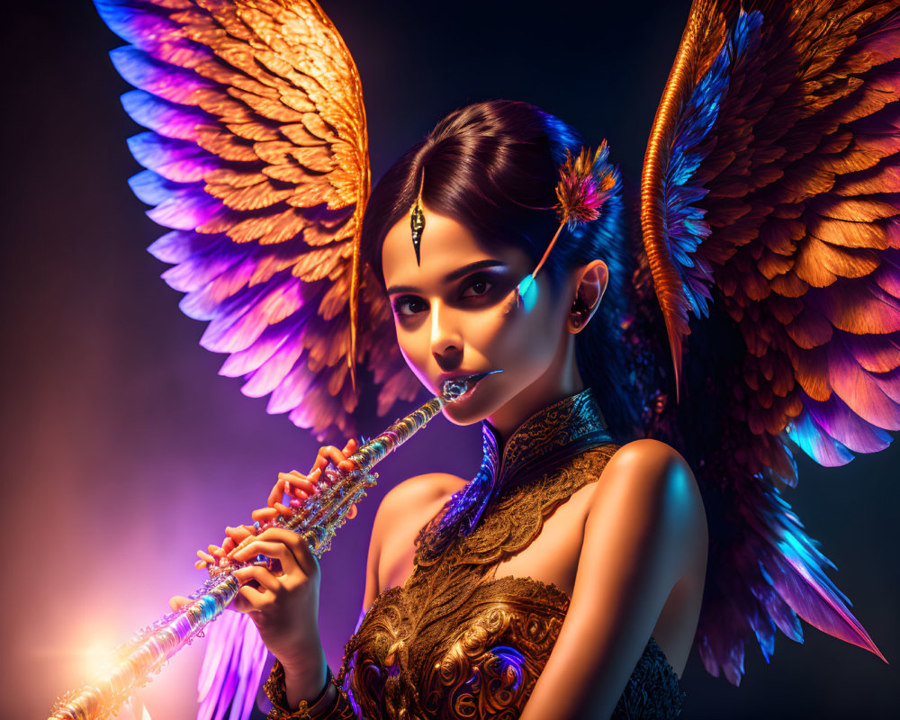 Person with intricate makeup and majestic wings playing flute on dark gradient background