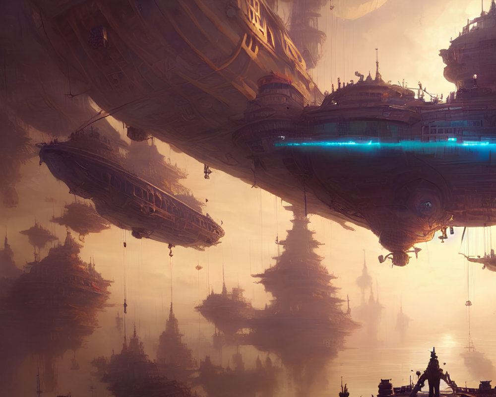 Futuristic cityscape with floating ships in golden light and fog