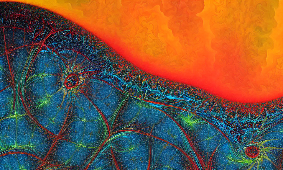 Abstract fractal art: Fiery orange-yellow to deep blue gradients with intricate web-like patterns and bright