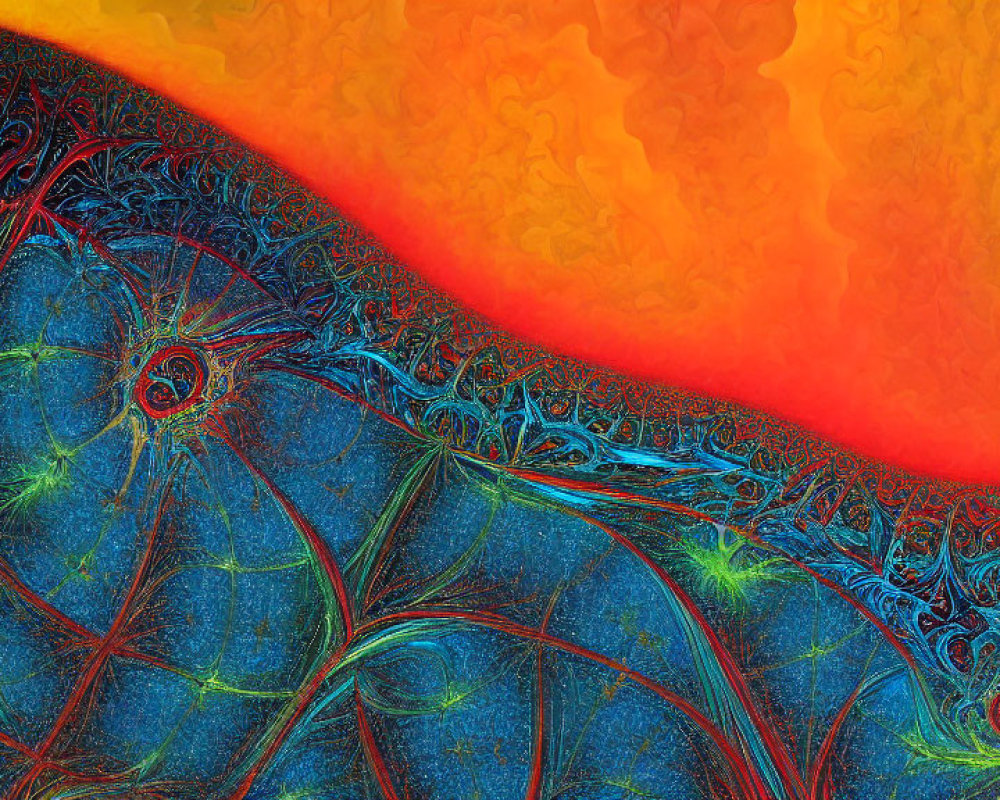 Abstract fractal art: Fiery orange-yellow to deep blue gradients with intricate web-like patterns and bright