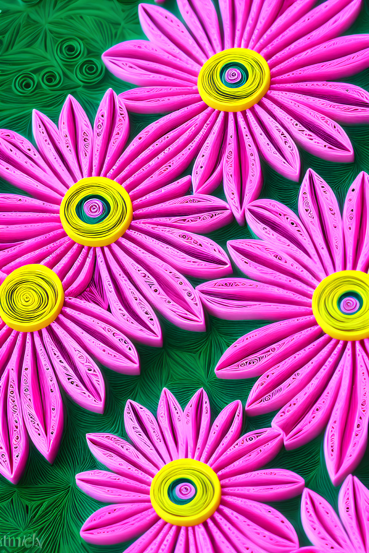 Pink Paper Quilled Flowers on Textured Green Background