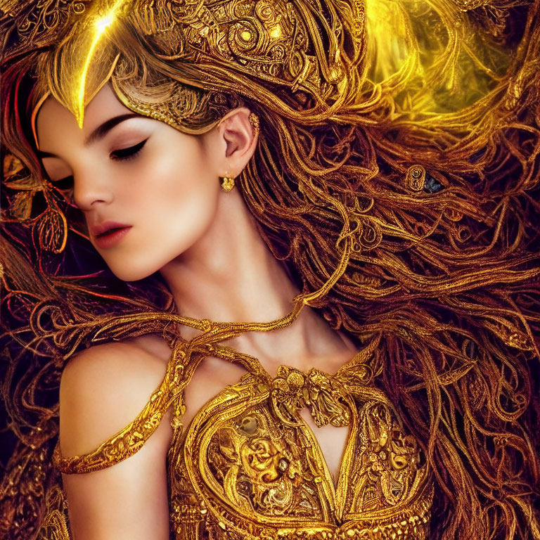 Ethereal woman with golden headdress and auburn hair adorned with jewelry