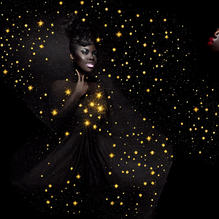 Sparkling makeup woman in starry night dress pose against dark background