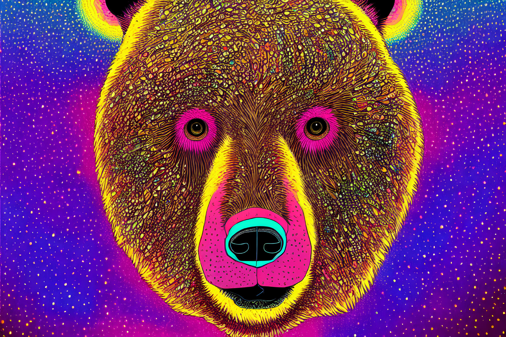 Colorful Psychedelic Bear Illustration with Neon Colors and Intricate Patterns on Starry Background