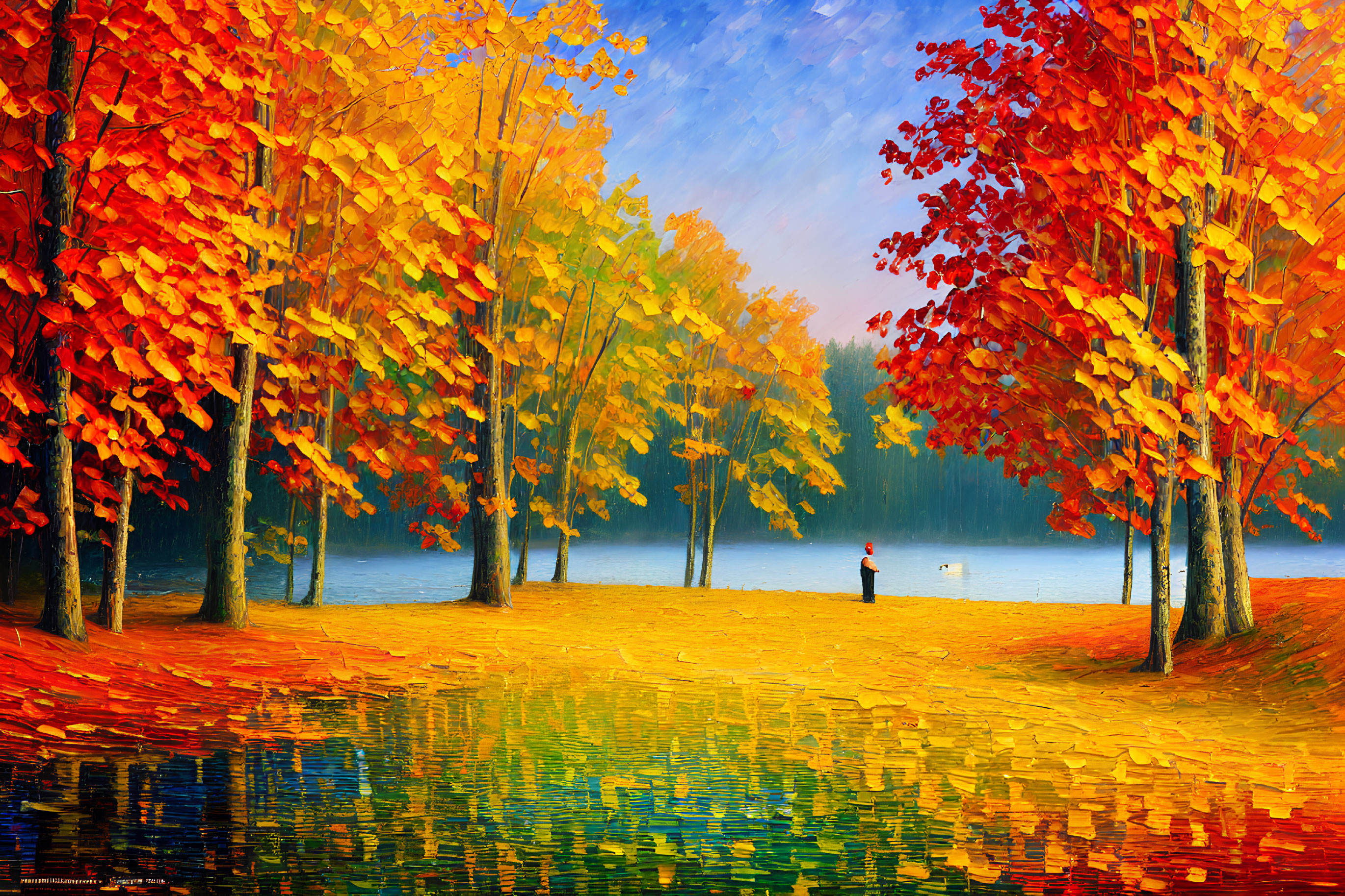 Person by a Lake in Vibrant Autumn Scene with Red and Orange Trees