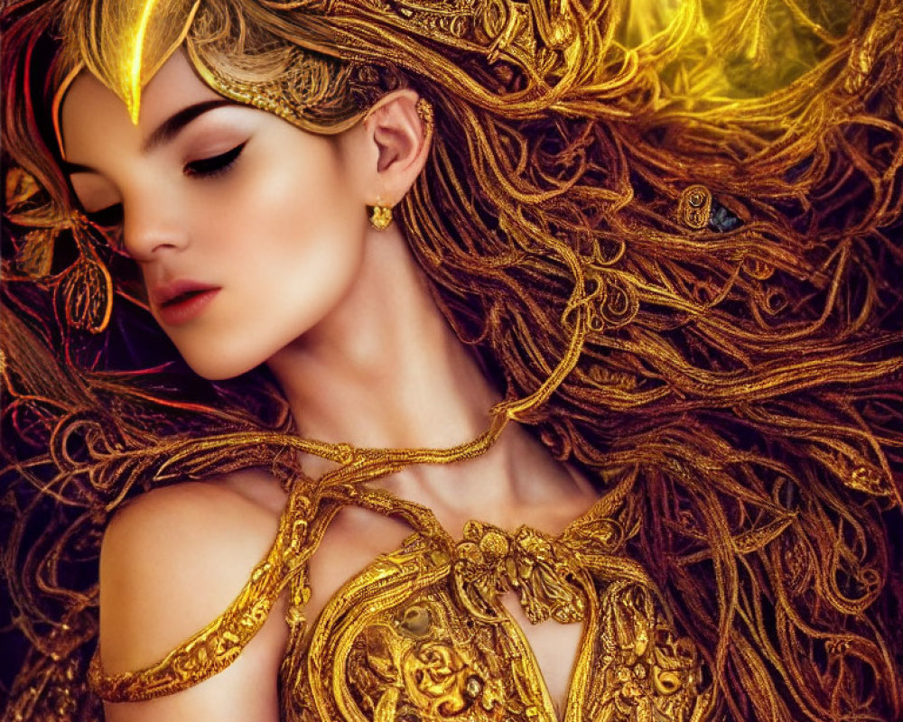 Ethereal woman with golden headdress and auburn hair adorned with jewelry