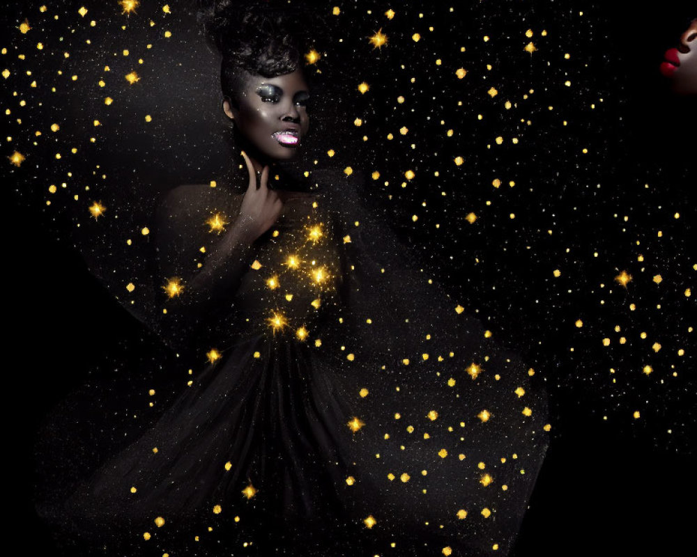 Sparkling makeup woman in starry night dress pose against dark background