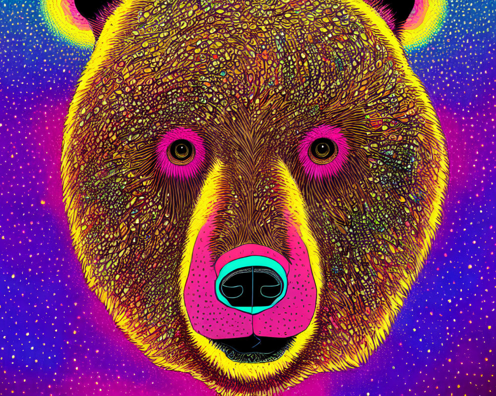 Colorful Psychedelic Bear Illustration with Neon Colors and Intricate Patterns on Starry Background
