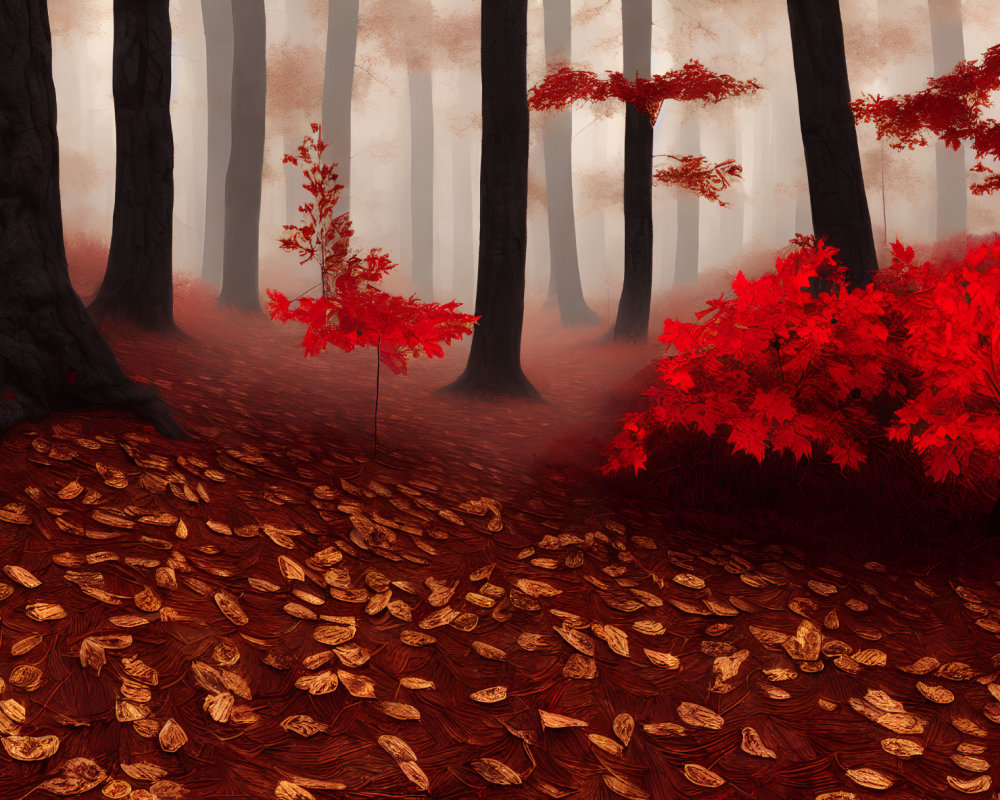 Vibrant red leaves and fog in mystical autumn forest