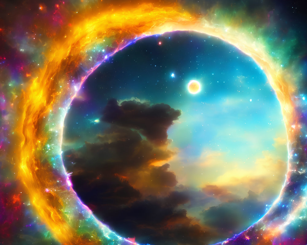 Colorful cosmic artwork: Fiery nebular ring surrounds serene sky.