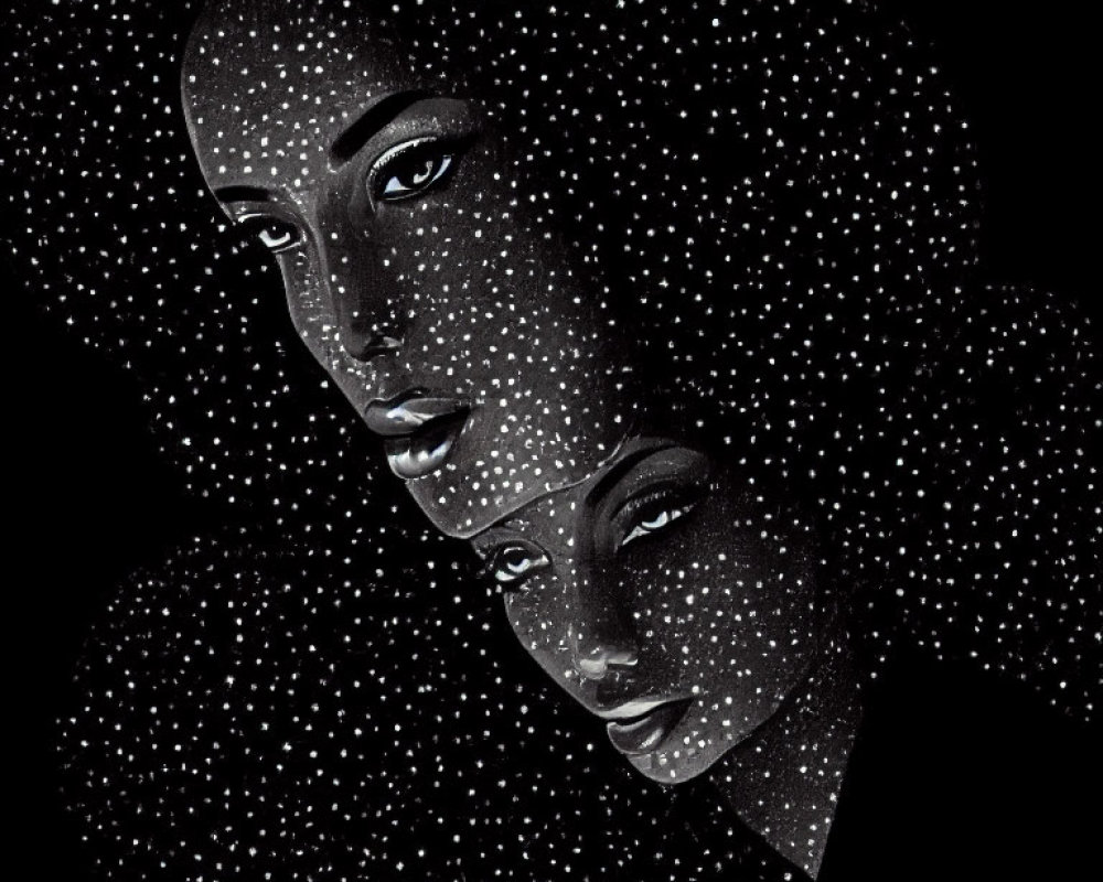 Stylized female faces overlap on starry black background