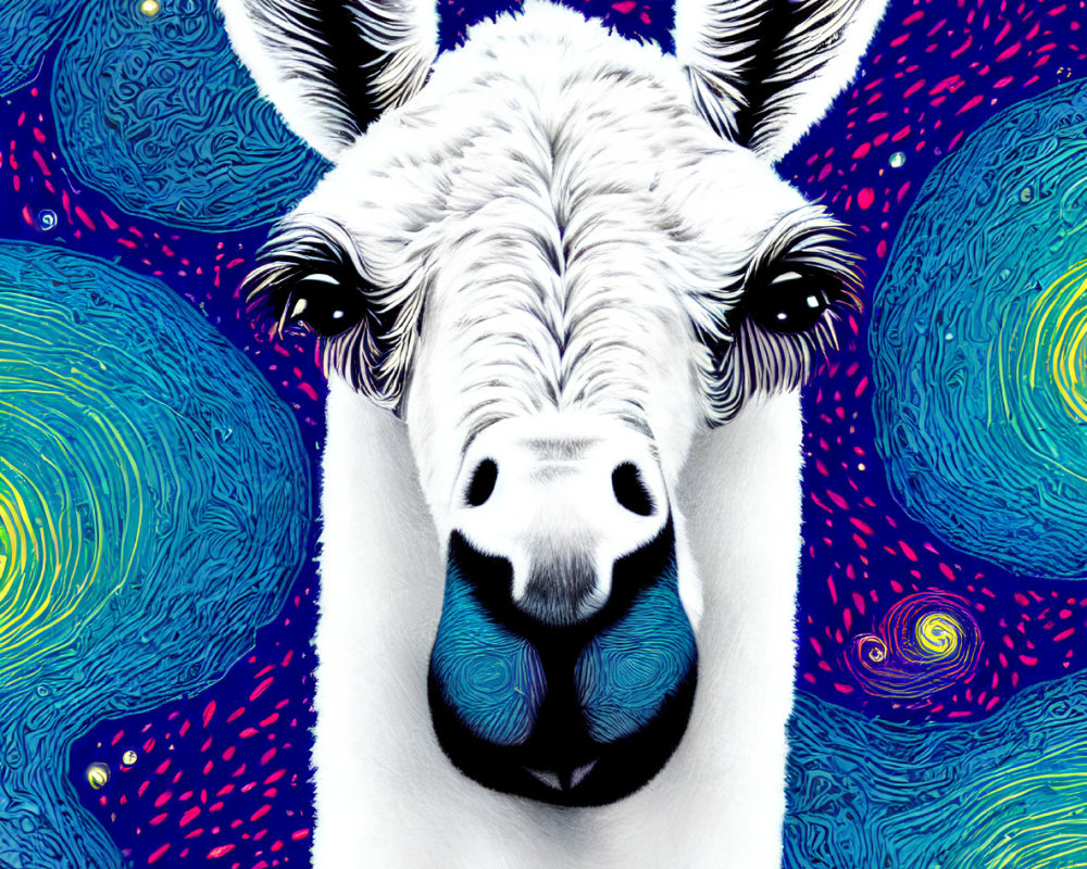 White llama illustration with whimsical starry night sky background.
