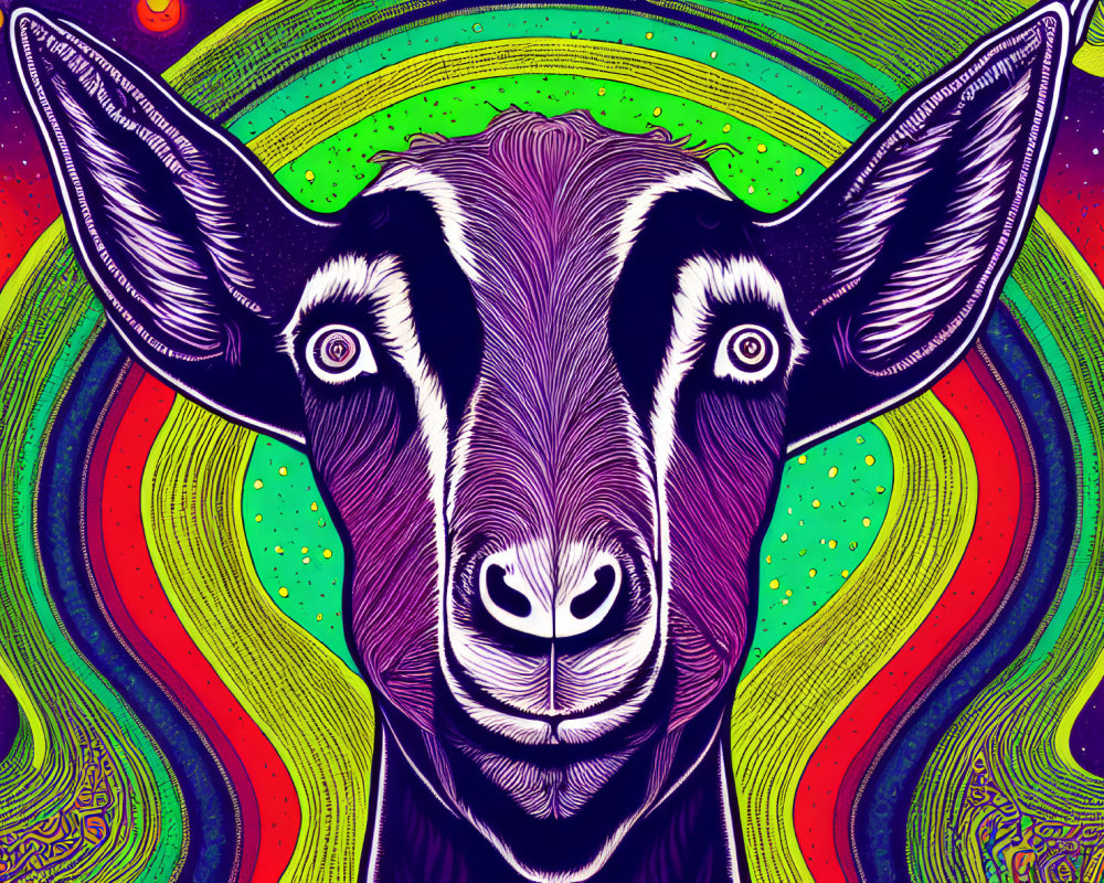 Colorful Psychedelic Goat Head Illustration with Cosmic Background