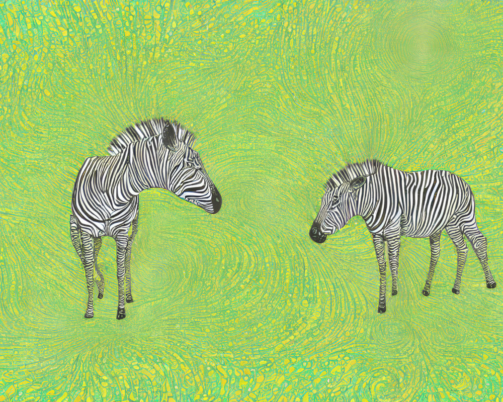 Illustrated Zebras with Black and White Stripes on Yellow and Green Swirly Background