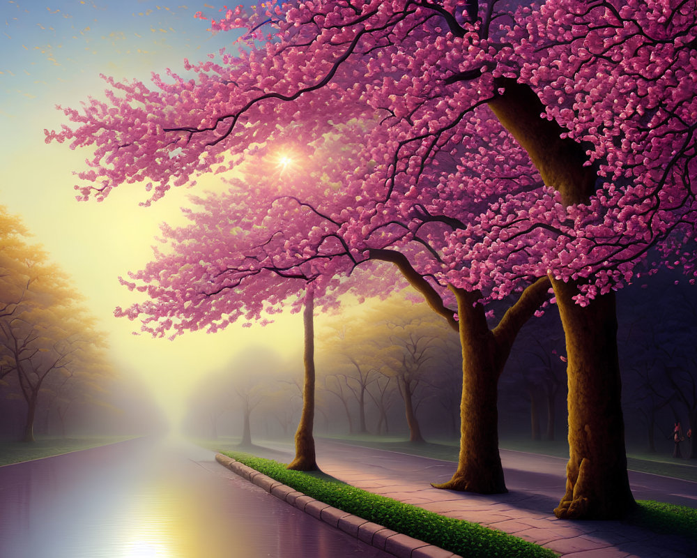 Tranquil Park Scene with Pink Cherry Blossoms and Sunrise Reflection