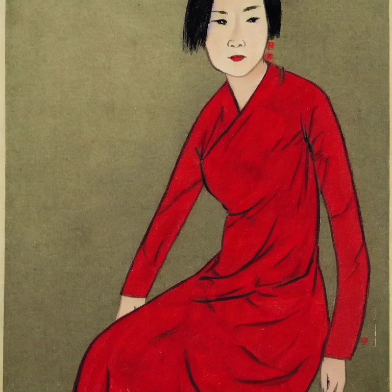Traditional Red Dress Seated Woman Painting on Greenish-Beige Background