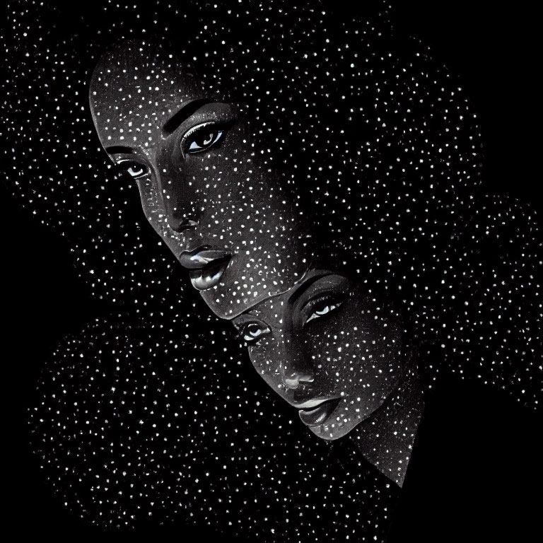 Stylized female faces overlap on starry black background