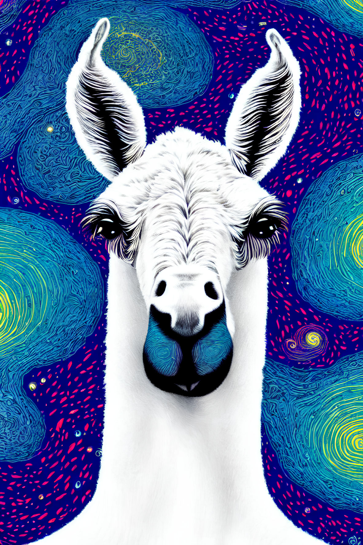 White llama illustration with whimsical starry night sky background.