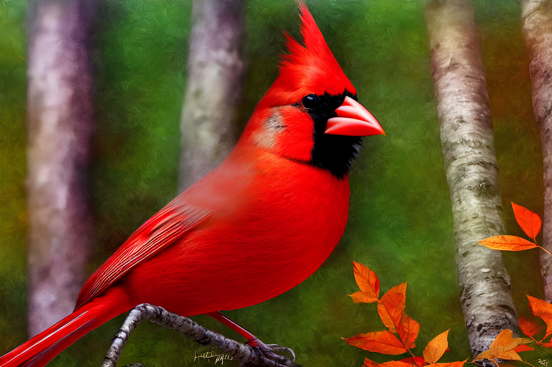 Red Cardinal Bird Perched on Branch with Greenery Background
