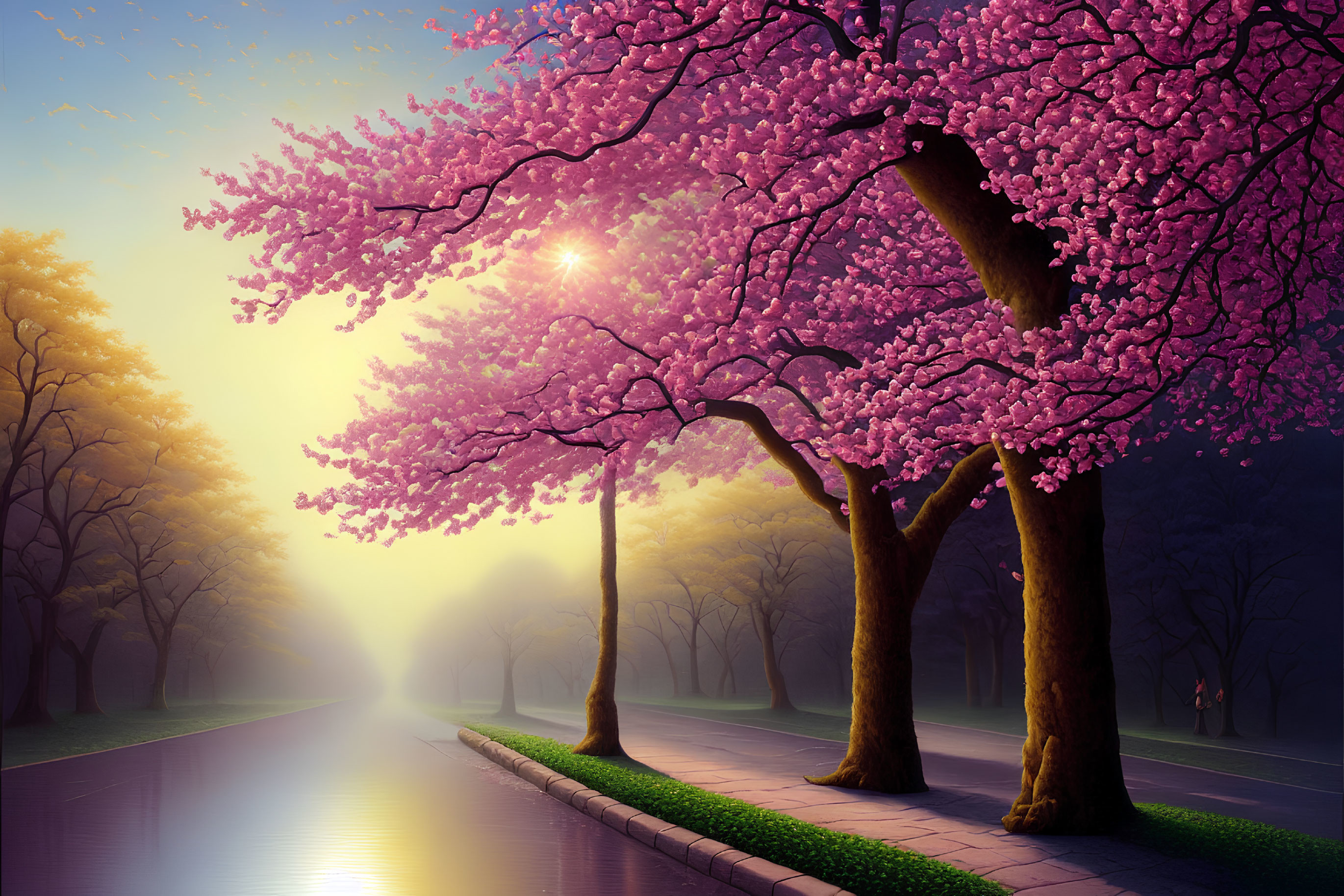 Tranquil Park Scene with Pink Cherry Blossoms and Sunrise Reflection