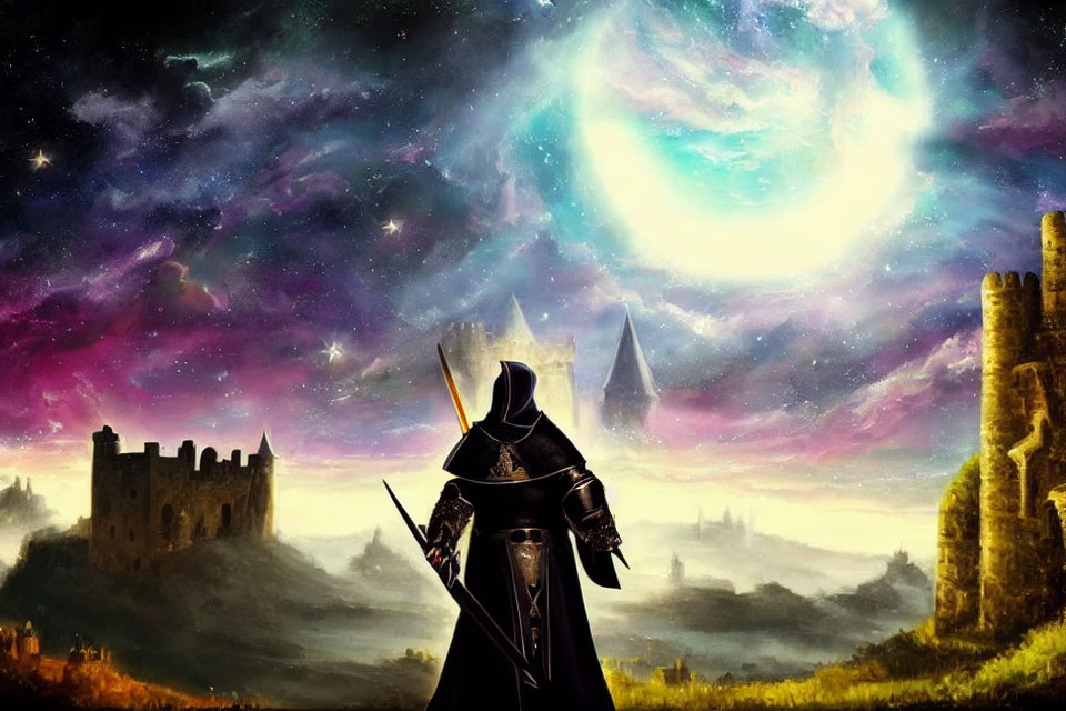 Cloaked figure with sword gazes at cosmic swirl over ancient ruins
