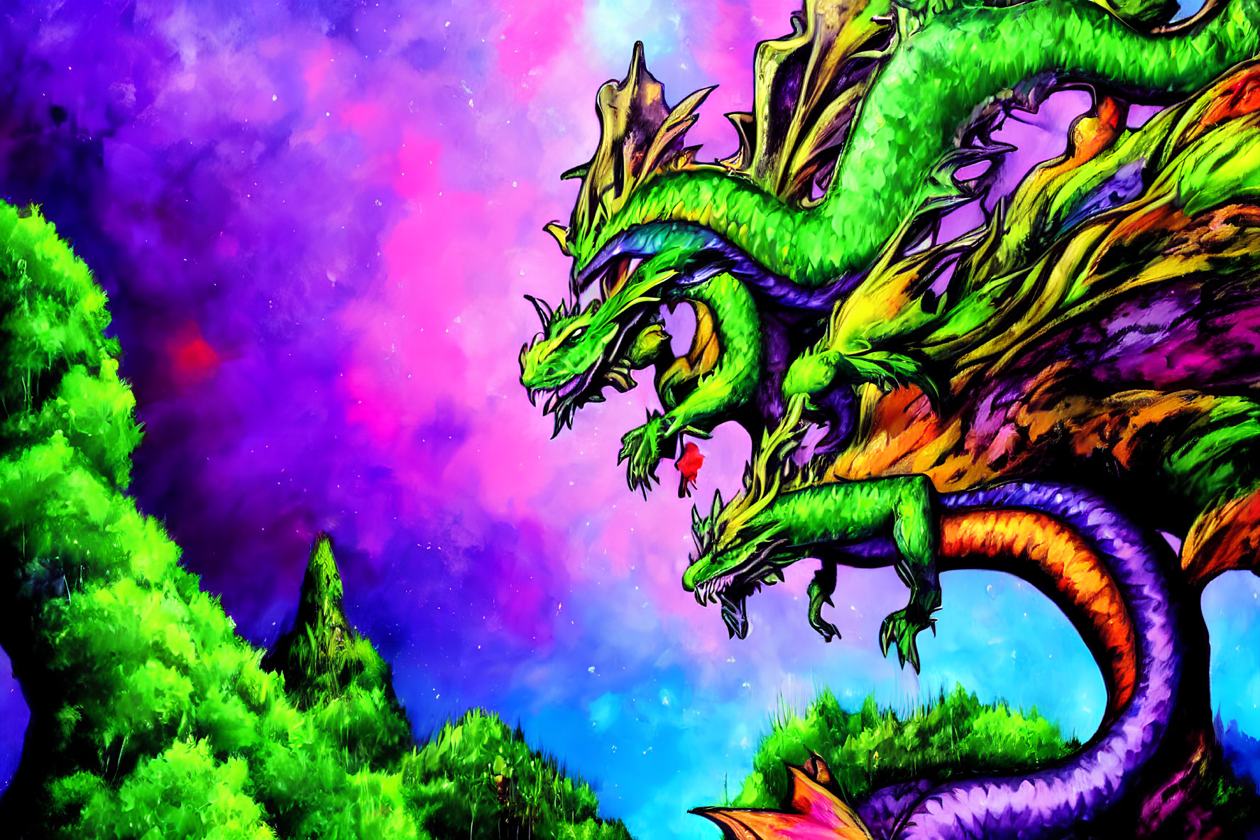 Colorful Three-Headed Dragon Artwork Above Forest and Nebula Sky