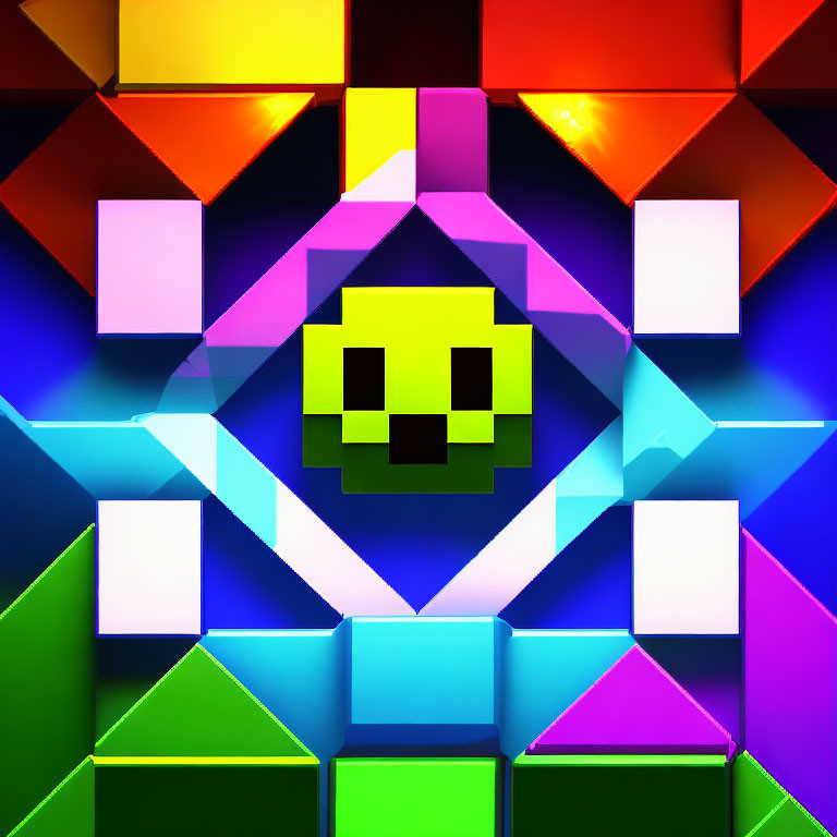 Colorful Abstract Pixelated Smiley Face Mosaic on Glossy Cubes