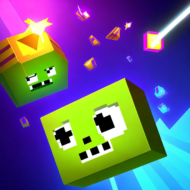 Vibrant 3D cubes with character faces on colorful backdrop