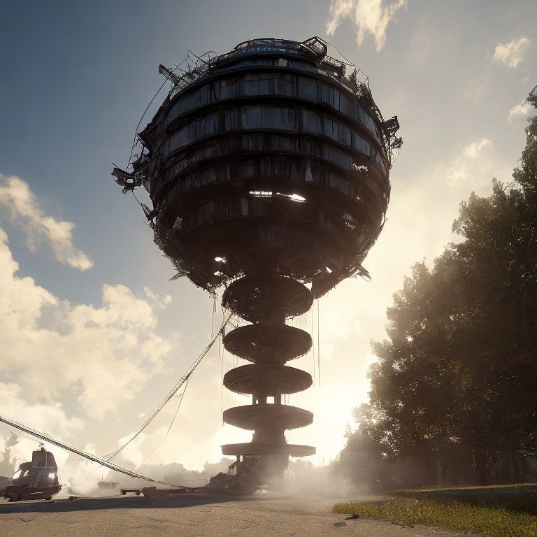 Futuristic spherical building on central pillar with cables in sunlit haze
