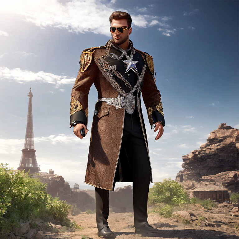 Stylized figure in military-style coat with sunglasses against Eiffel Tower backdrop
