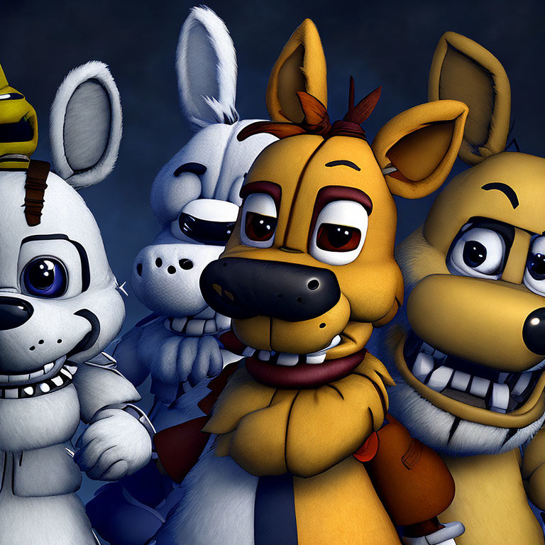 Animatronic bunny, chicken, and bear characters with cartoonish smiles
