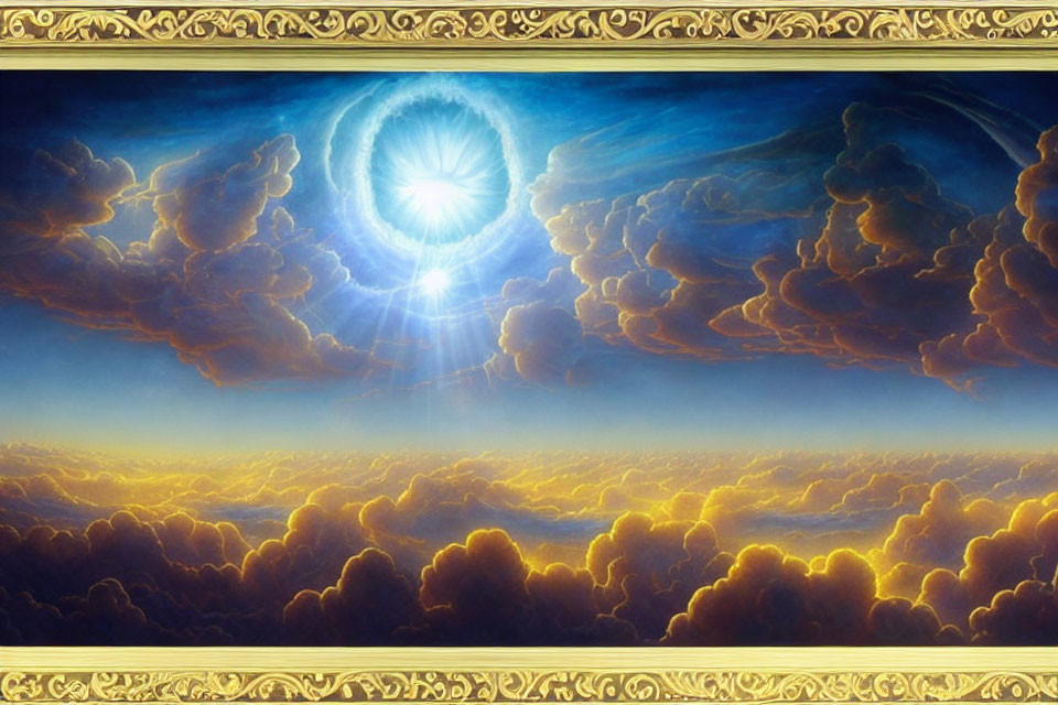 Ornate framed painting of dramatic sky with bright light beaming through dense clouds