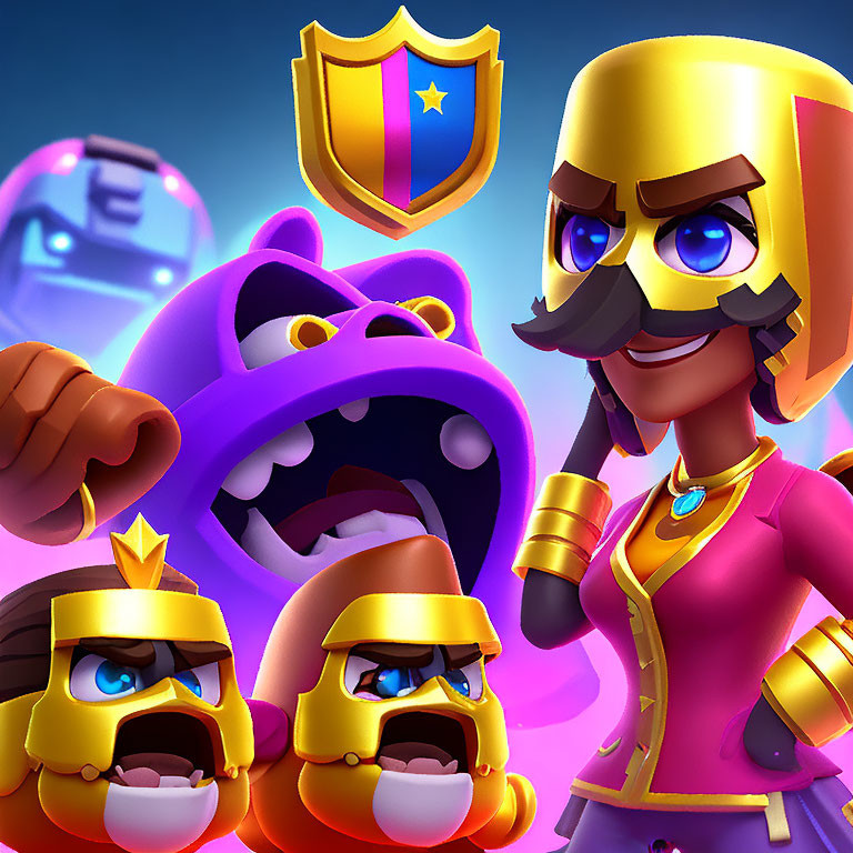 Brown-bearded angry characters, smiling woman with mustache, purple creature with open mouth
