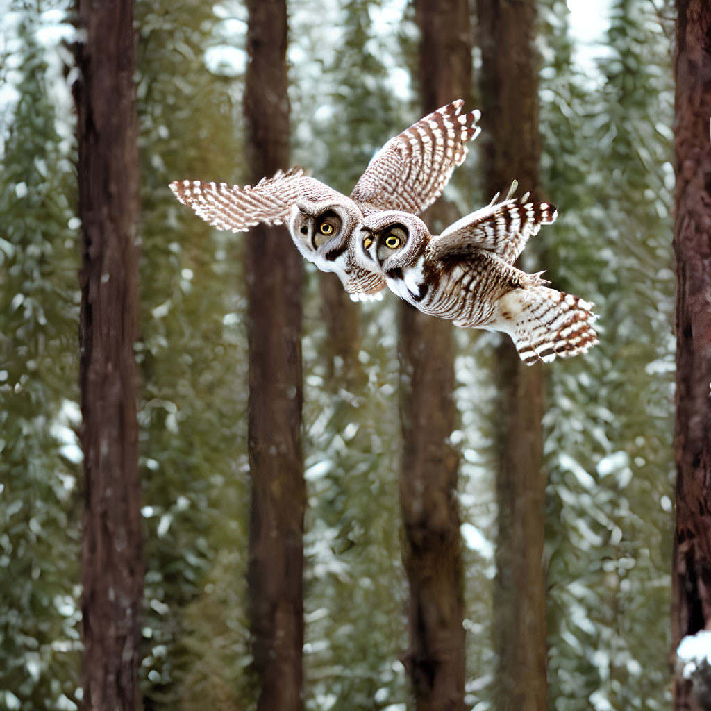 Owl flying in snowy forest with spread wings and yellow eyes