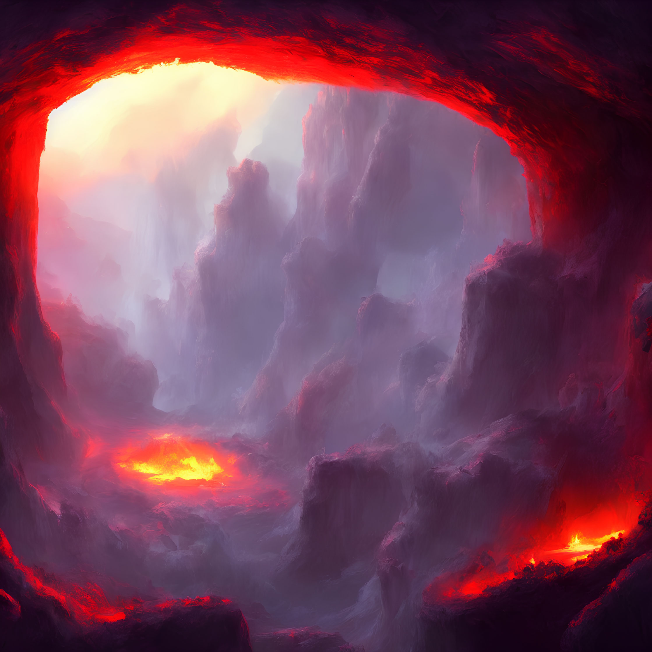 Vivid painting of volcanic cavern with glowing lava