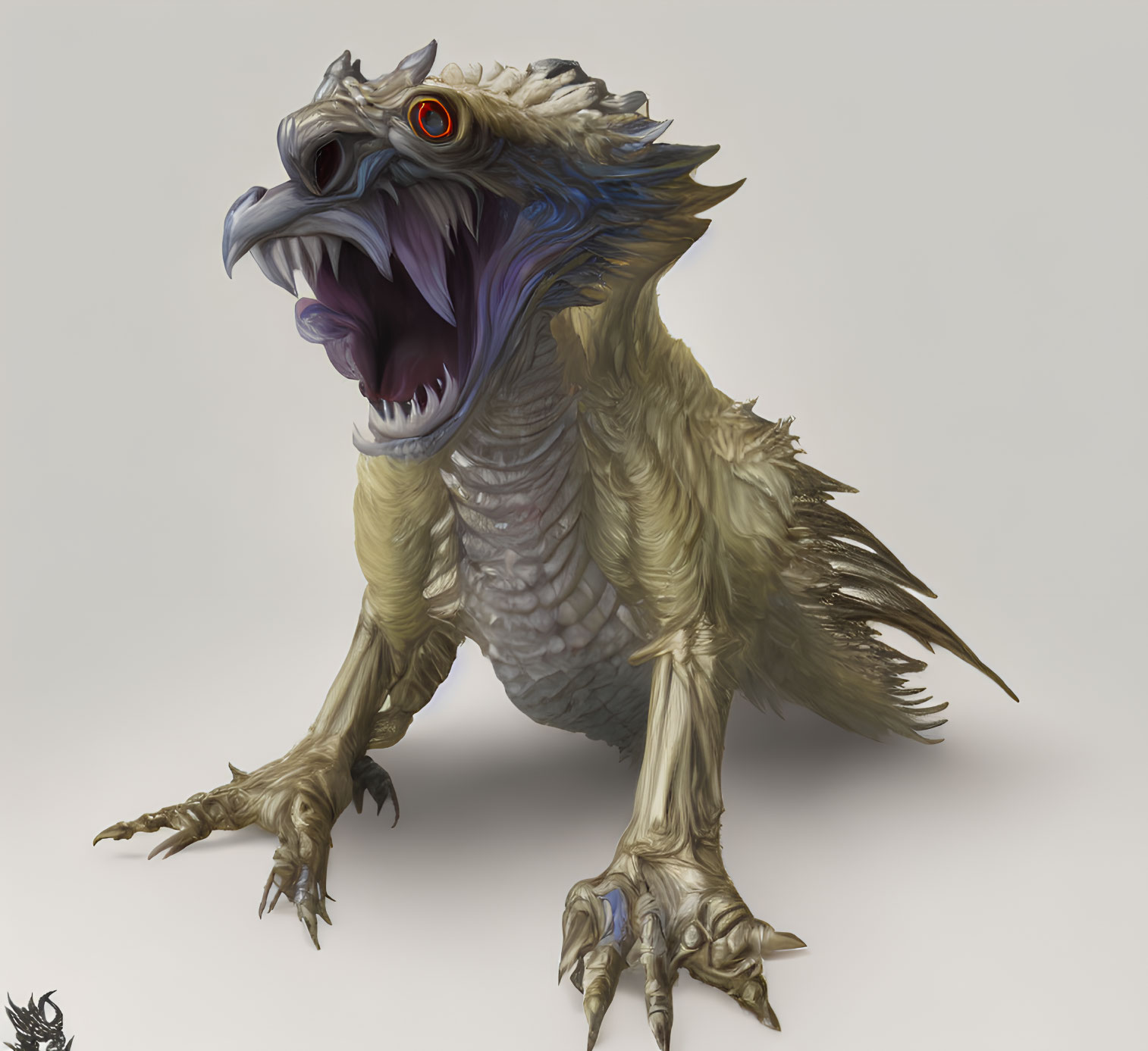 Fantastical bird-reptile creature with sharp claws and red eyes
