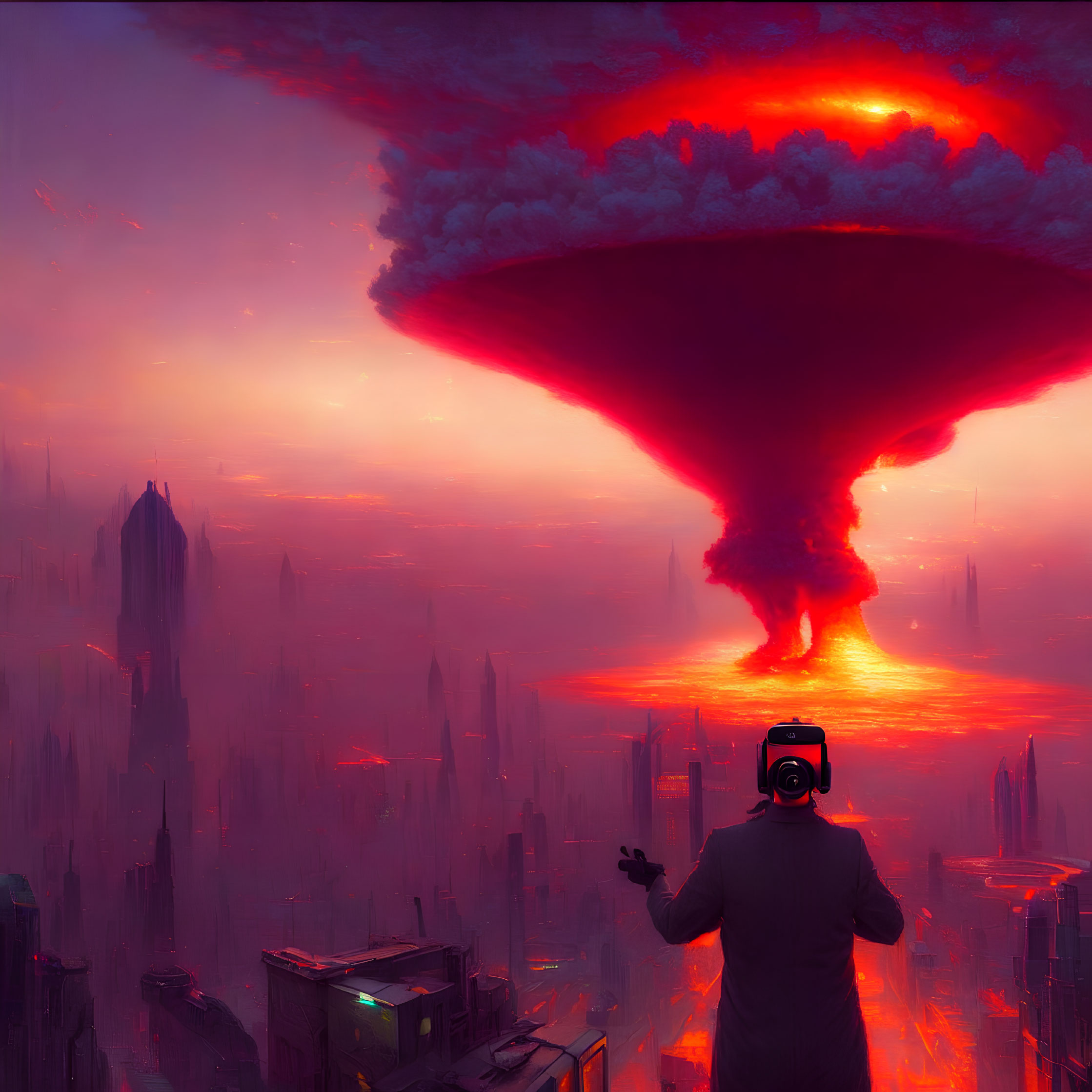 Futuristic cityscape with massive fiery mushroom cloud