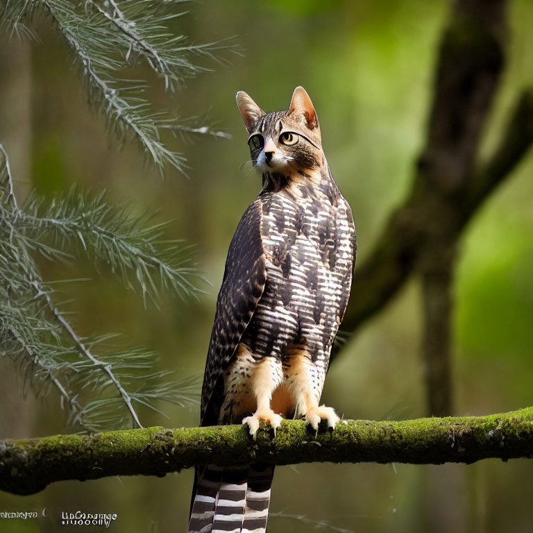 Cat with Hawk Body Perched on Tree Branch in Forest - Whimsical Hybrid Creature