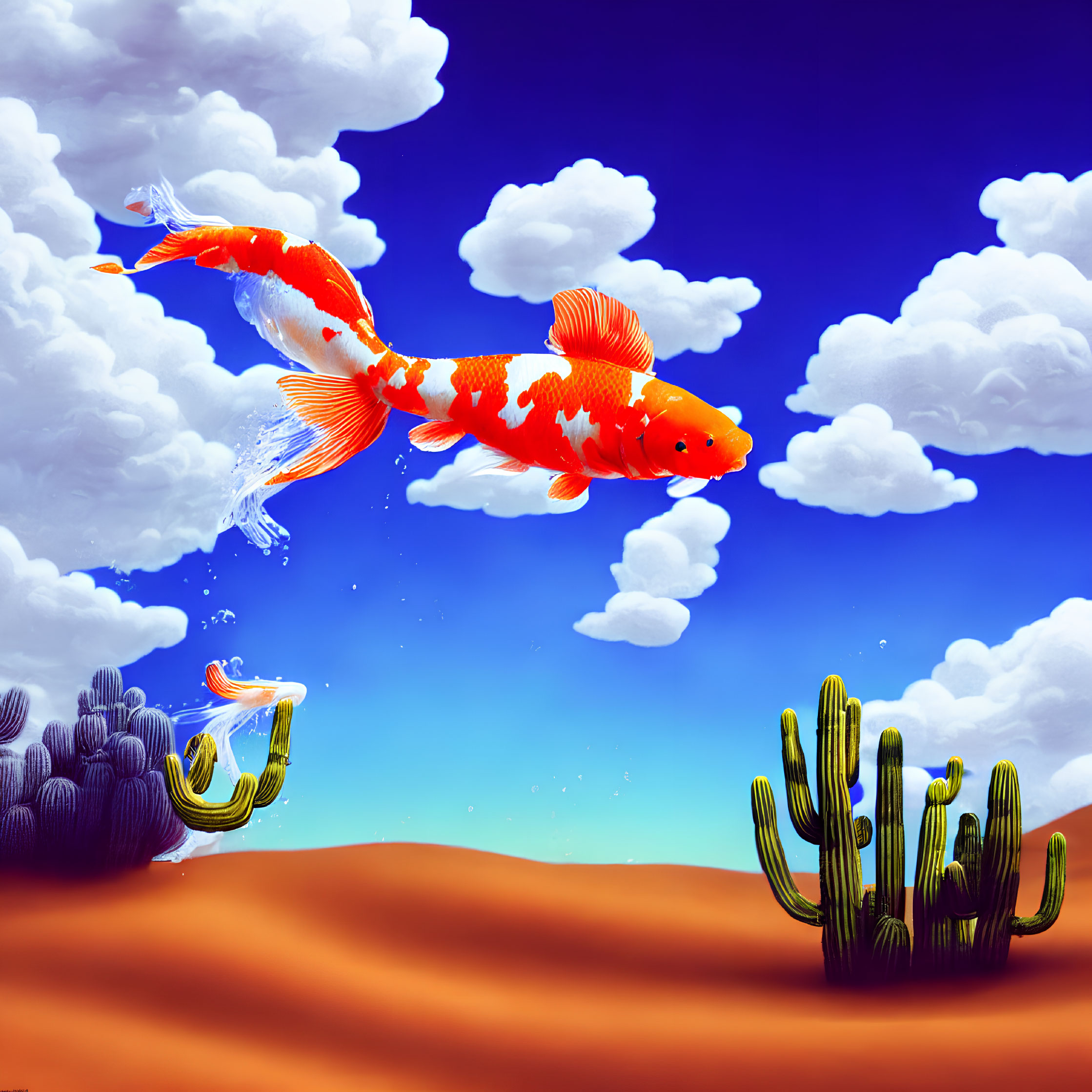 Colorful digital art: goldfish in sky over desert with cacti & horseshoe,