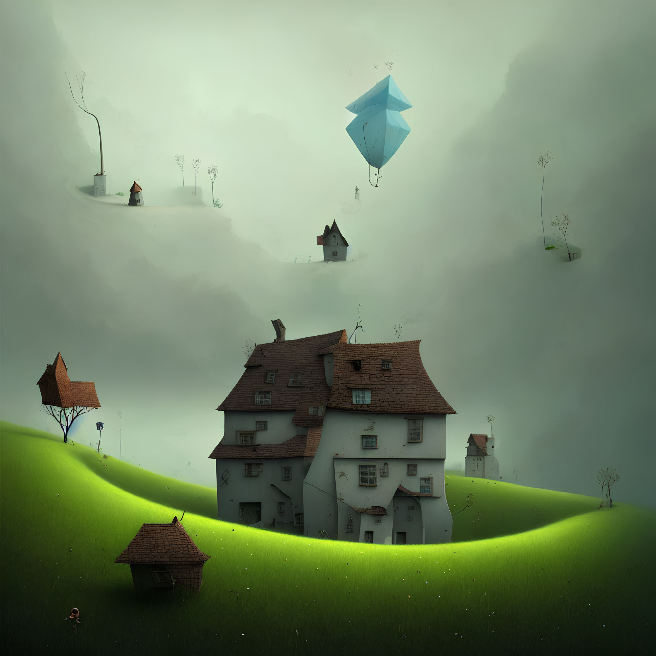 Surreal landscape with floating blue kite and oversized houses on green hills