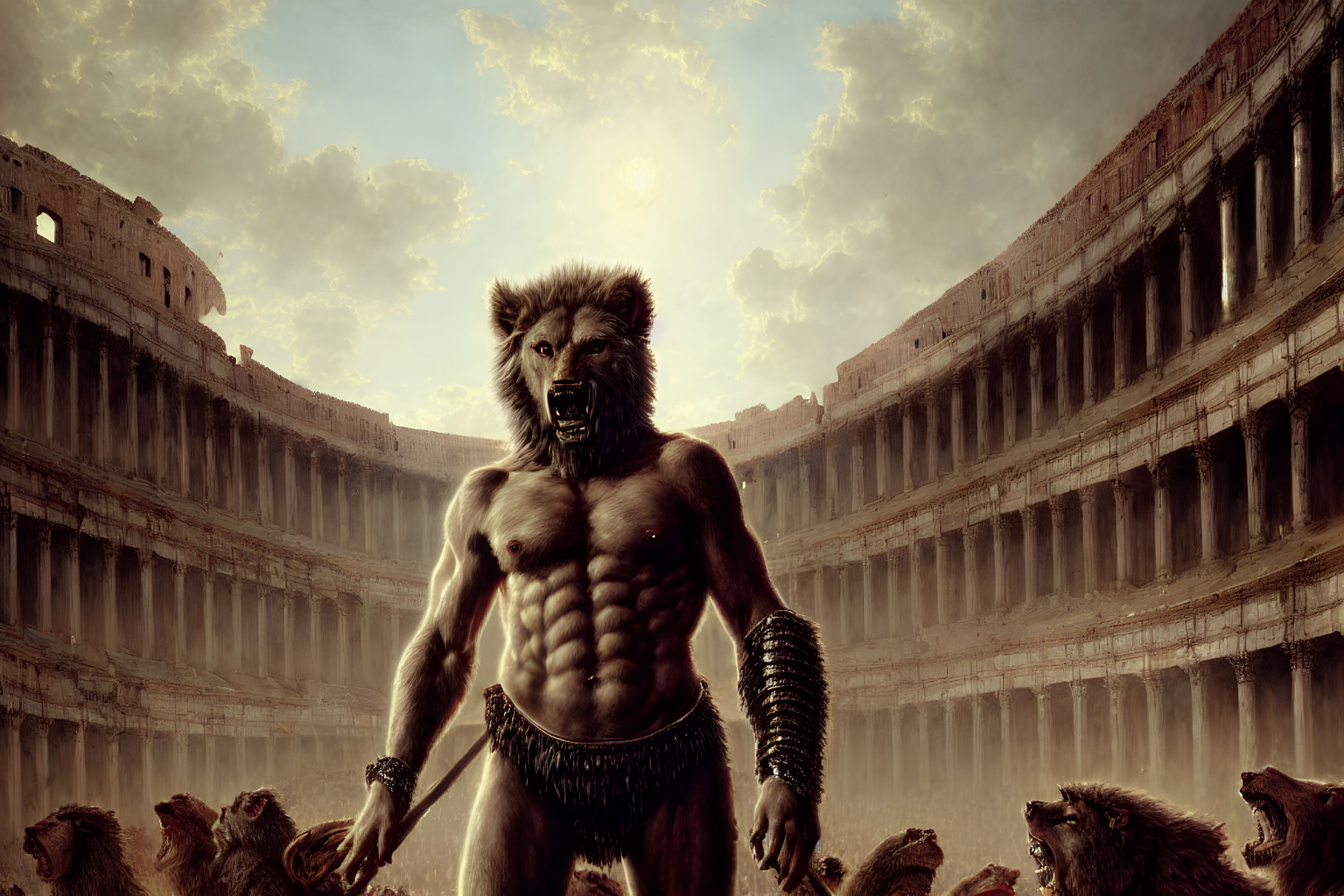 Muscular lion-headed humanoid in gladiator attire in ancient arena with lions under dramatic sky.