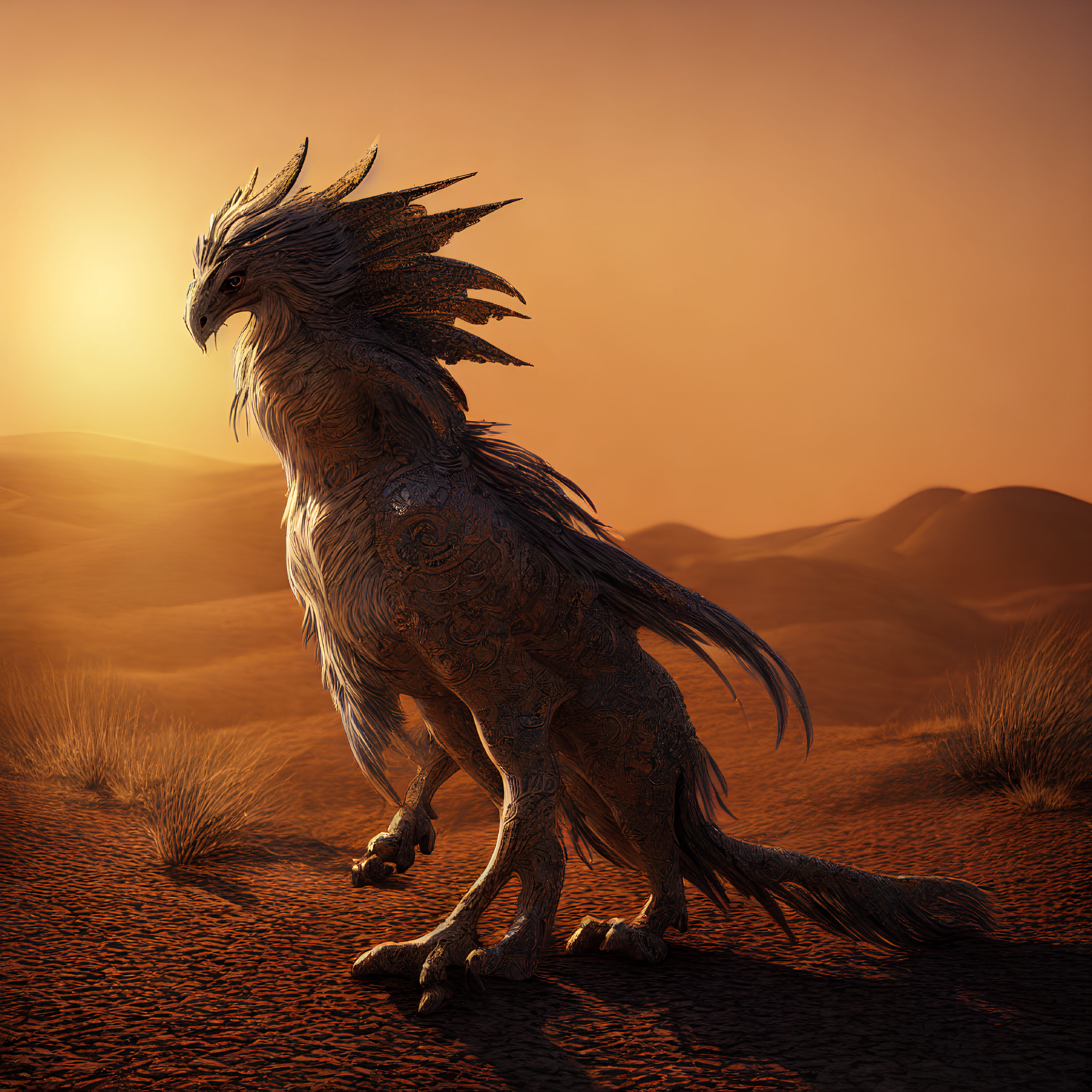 Majestic dragon-like creature in desert at sunset