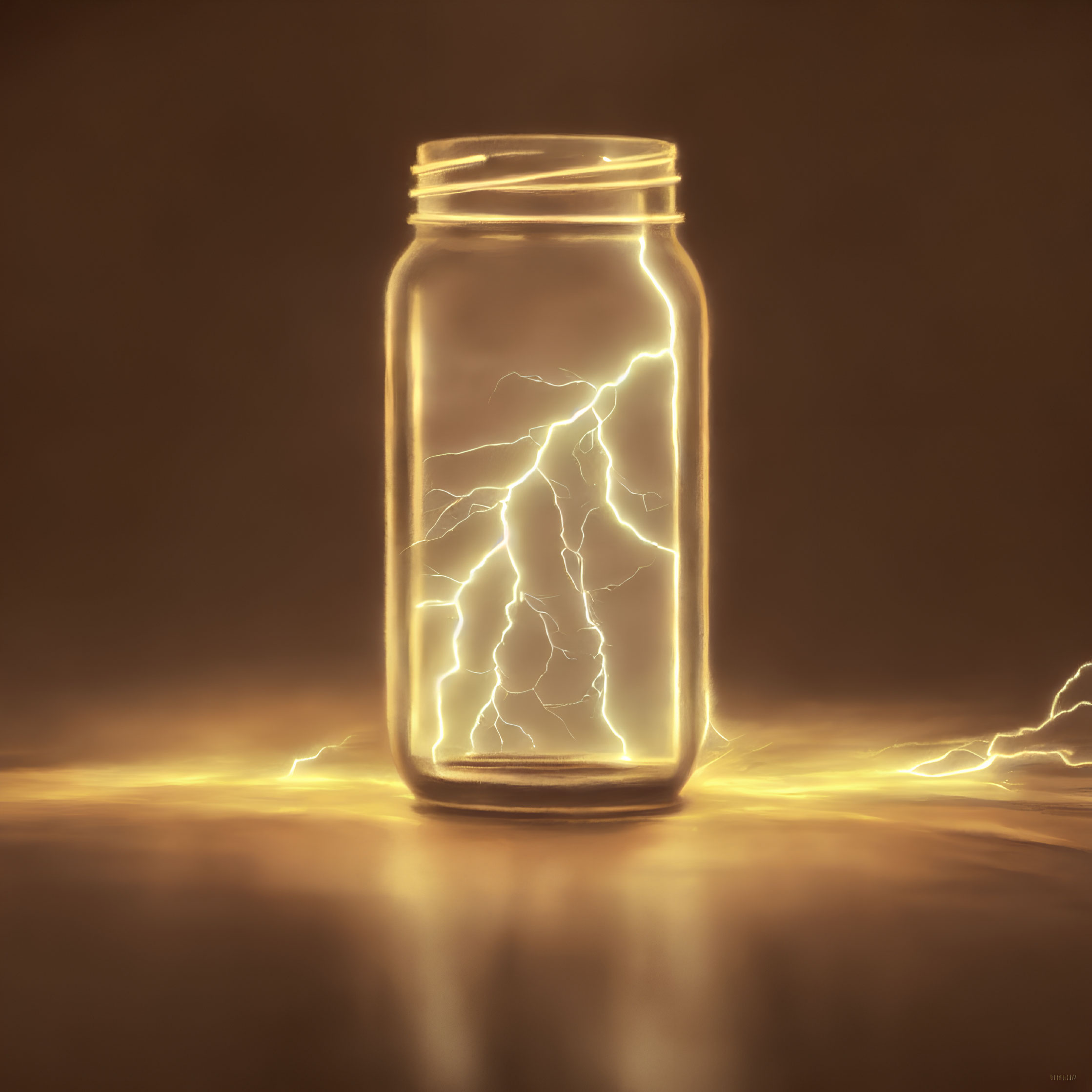 Luminescent glass jar with branching lightning on warm amber background