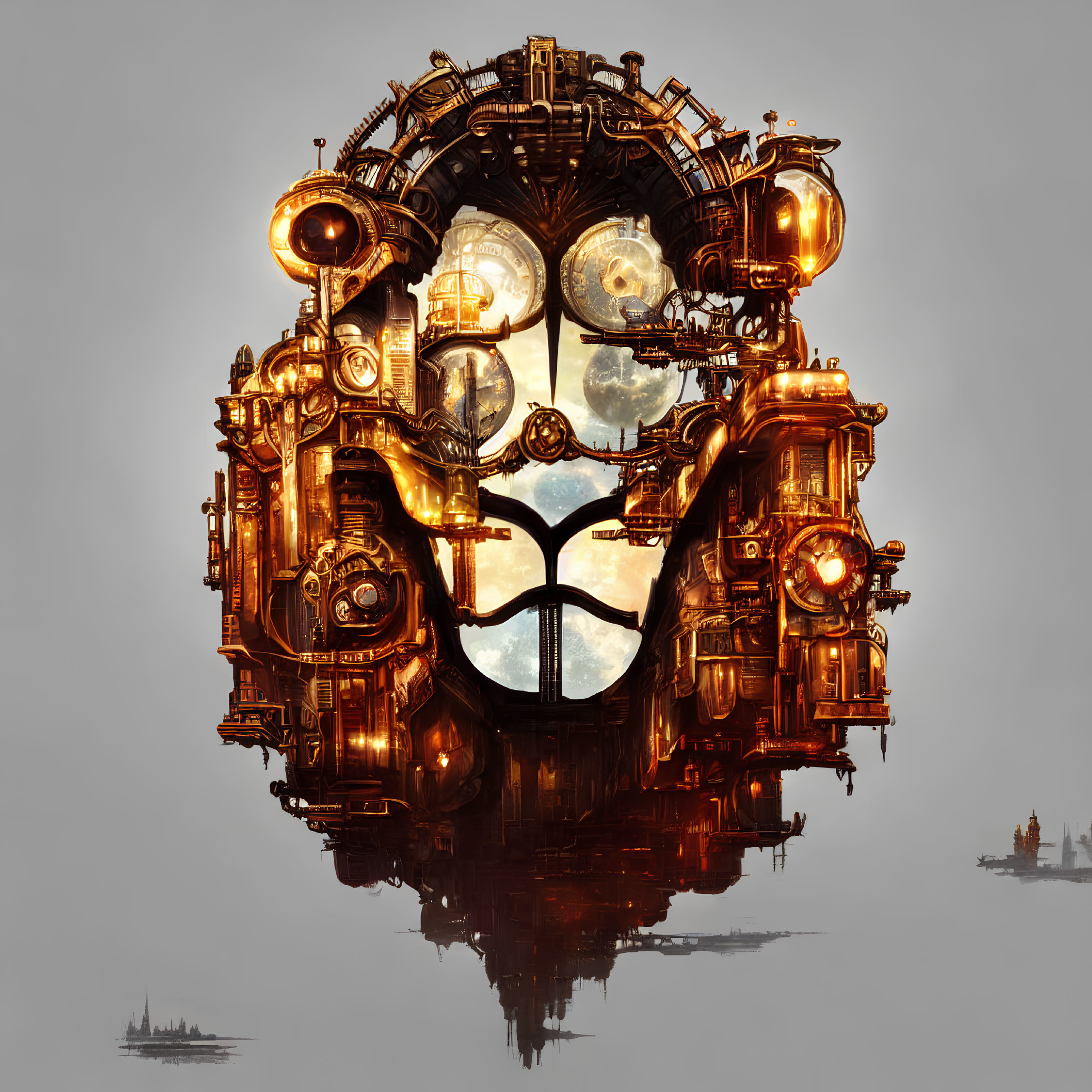 Intricate Steampunk Skull with Mechanical Gears and Glowing Bulbs