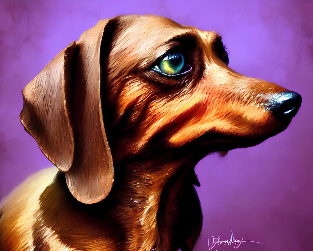 Brown Dachshund with Glossy Coat and Green Eyes on Purple Background